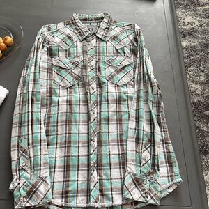 BKE Men's Casual Plaid Shirt - Teal and Brown